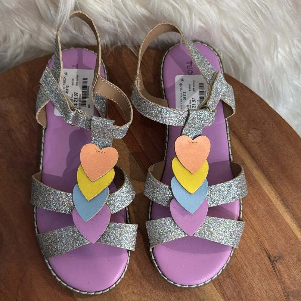 Tucker + Tate Girls Glitter Heart Sandals Size 2 Silver Rainbow Toddler